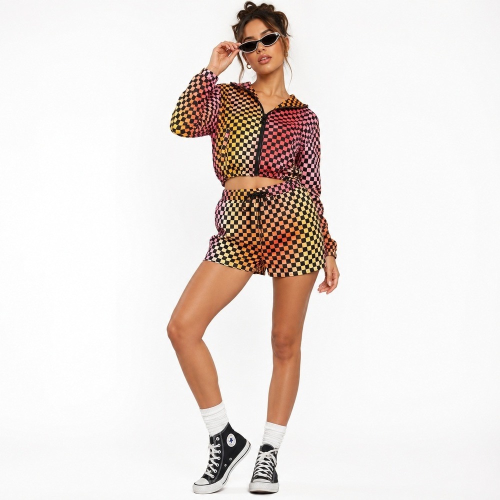 NWT New Look Sport Checkerboard Print 2 Piece Windbreaker Shorts Set Multi SizeS